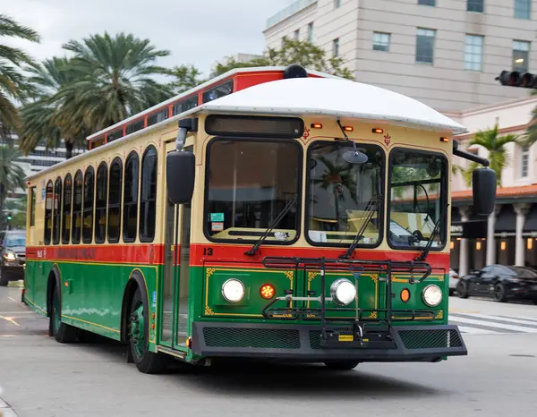 stock image CORAL GABLES, FLORIDA - APRIL 18, 2024: The City of Coral Gables Downtown Express trolley. 