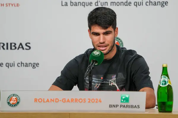 stock image PARIS, FRANCE - JUNE 2, 2024: Grand Slam Champion Carlos Alcaraz of Spain during press conference after 4th round match against Felix Auger Aliassime of Canada at 2024 Roland Garros in Paris, France