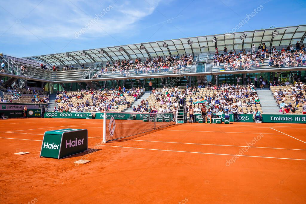 PARIS, FRANCE - MAY 30, 2023: A general view of the Court Simonne Mathieu during 2023 Roland Garros tennis tournament at the Le Stade Roland Garros in Paris, France