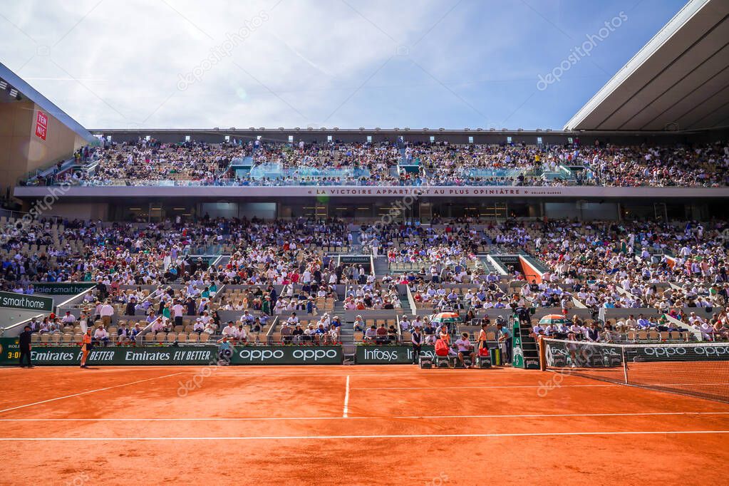 PARIS, FRANCE - MAY 30, 2023: A general view of the Court Philippe-Chatrier during 2023 Roland Garros tennis tournament at the Le Stade Roland Garros in Paris, France