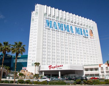 LAS VEGAS, NEVADA - MAY 11, 2014: Tropicana Las Vegas Hotel and Casino on the Las Vegas Strip. It offers 1,467 rooms and has a 50,000 sq ft casino clipart