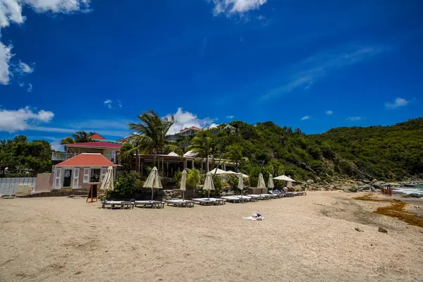 stock image ST BARTS, FRENCH WEST INDIES - APRIL 17, 2024: Shellona restaurant at the famous Shell Beach in St Barthelemy, French West Indies