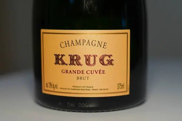 stock image NEW YORK - FEBRUARY 5, 2023: Krug Grande Cuvee Champagne. Krug is the first and still unique Champagne House to create only prestige Champagnes every year since its foundation in 1843.