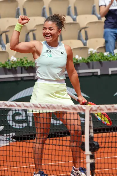 stock image PARIS, FRANCE - JUNE 3, 2024: Jasmine Paolini of Italy celebrates victory after her 2024 Roland Garros round 4 match against Elina Avanesyan of Russia at Court Suzanne Lenglen in Paris, France