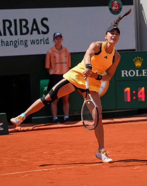 stock image PARIS, FRANCE - JUNE 3, 2024: Elina Avanesyan of Russia in action during her 2024 Roland Garros round 4 match against Jasmine Paolini of Italy at Court Suzanne Lenglen in Paris, France