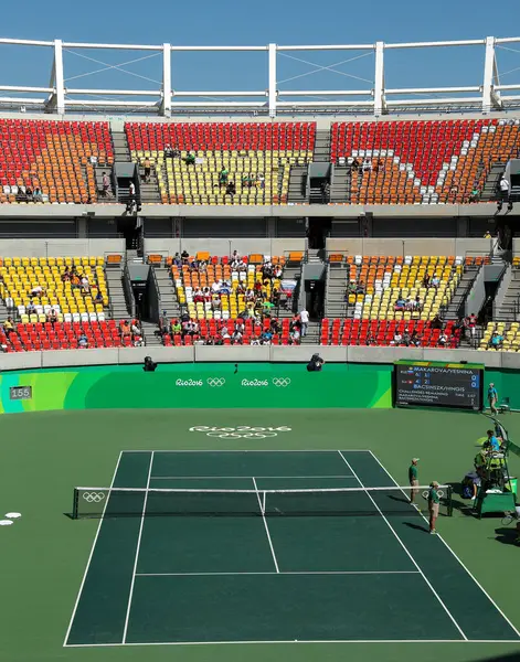 stock image RIO DE JANEIRO, BRAZIL - AUGUST 14, 2016: General view of the Maria Esther Bueno Court during women's doubles tennis final match of the Rio 2016 Olympic Games at the Olympic Tennis Centre