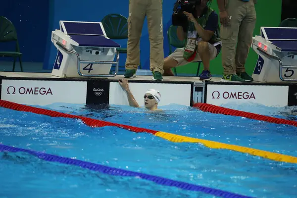 Stock image RIO DE JANEIRO, BRAZIL - AUGUST 8, 2016: Olympic champion Katie Ledecky of United States after the qualification round of the Women's 200m freestyle of the Rio 2016 Olympic Games at the Olympic Aquatics Stadium 