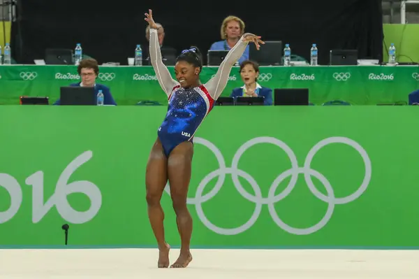 stock image RIO DE JANEIRO, BRAZIL - AUGUST 11, 2016: Olympic champion Simone Biles of United States competes during Women's Floor Exercise at women's all-around gymnastics at Rio 2016 Olympic Games in Rio de Janeiro