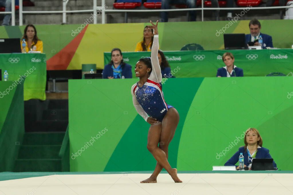 RIO DE JANEIRO, BRAZIL - AUGUST 11, 2016: Olympic champion Simone Biles of United States competes during Women's Floor Exercise at women's all-around gymnastics at Rio 2016 Olympic Games in Rio de Janeiro