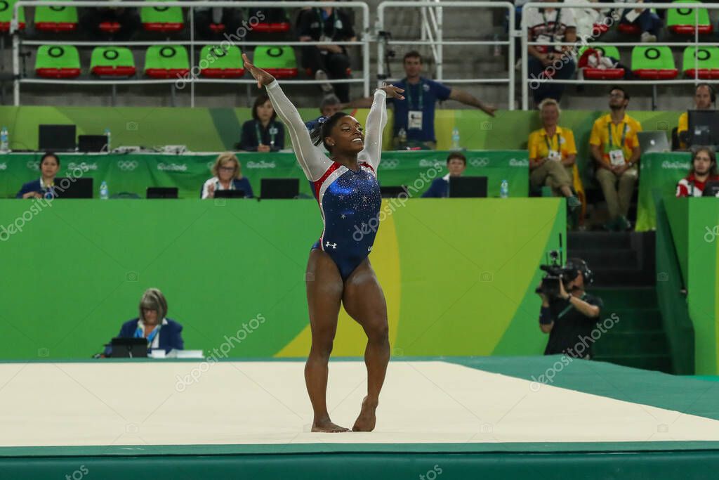 RIO DE JANEIRO, BRAZIL - AUGUST 11, 2016: Olympic champion Simone Biles of United States competes during Women's Floor Exercise at women's all-around gymnastics at Rio 2016 Olympic Games in Rio de Janeiro