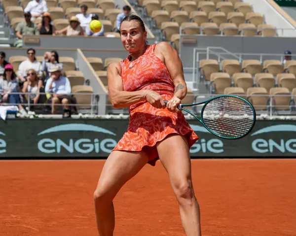 stock image PARIS, FRANCE - JUNE 3, 2024: Grand Slam champion Aryna Sabalenka of Belarus in action during 2024 Roland Garros women's fourth round match against Emma Navarro of United States in Paris, France