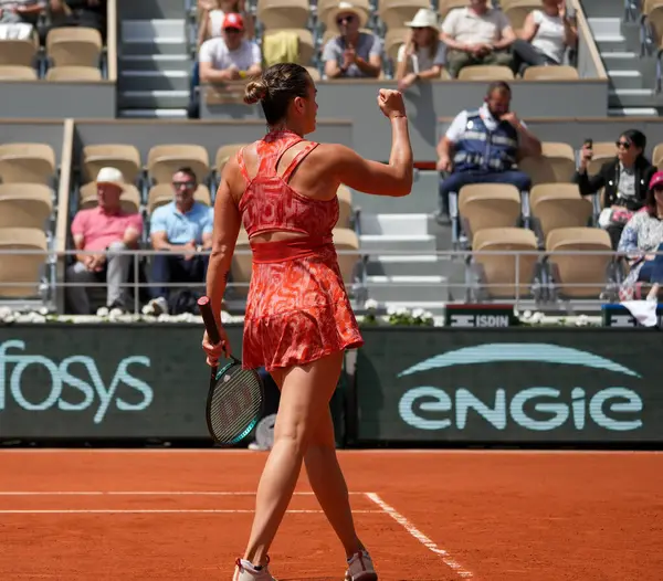 stock image PARIS, FRANCE - JUNE 3, 2024: Grand Slam champion Aryna Sabalenka of Belarus in action during 2024 Roland Garros women's fourth round match against Emma Navarro of United States in Paris, France