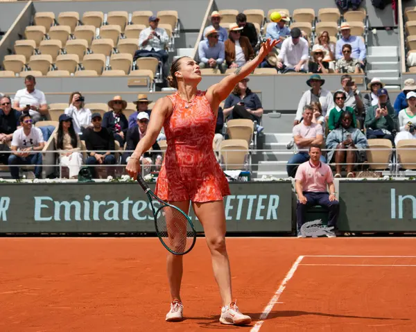 stock image PARIS, FRANCE - JUNE 3, 2024: Grand Slam champion Aryna Sabalenka of Belarus in action during 2024 Roland Garros women's fourth round match against Emma Navarro of United States in Paris, France