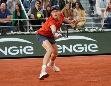 PARIS, FRANCE - JUNE 2, 2024: Grand Slam champion Jannik Sinner of Italy in action during 2024 Roland Garros men's fourth round match against Corentin Moutet of France in Paris, France clipart