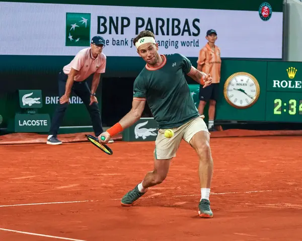 Stock image PARIS, FRANCE - JUNE 3, 2024: Professional tennis player Casper Ruud of Norway in action during his 2024 Roland Garros men's fourth round match against Taylor Fritz of United States in Paris, France