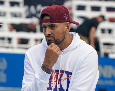 NEW YORK - AUGUST 22, 2024: Professional tennis player Nick Kyrgios during on court press conference before 2024 Ultimate Tennis Showdown New York Day 1 at Forest Hills Stadium in Queens, New York clipart