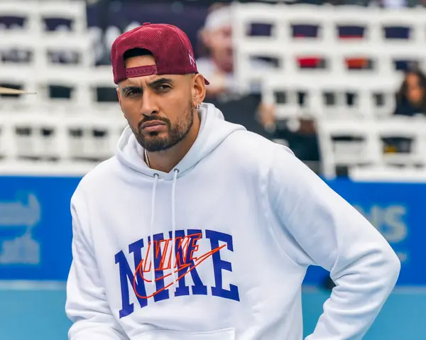 stock image NEW YORK - AUGUST 22, 2024: Professional tennis player Nick Kyrgios during on court press conference before 2024 Ultimate Tennis Showdown New York Day 1 at Forest Hills Stadium in Queens, New York