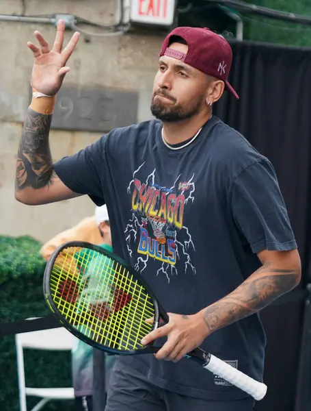 stock image NEW YORK - AUGUST 22, 2024: Professional tennis player Nick Kyrgios  enters court before 2024 Ultimate Tennis Showdown New York Day 1 battle of the groups match at Forest Hills Stadium in Queens, New York