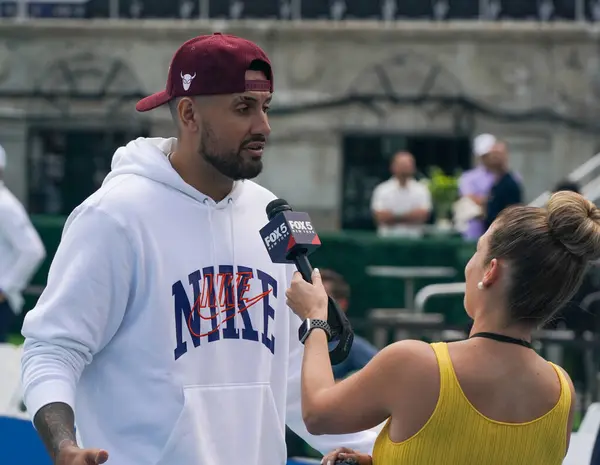 stock image NEW YORK - AUGUST 22, 2024: Professional tennis player Nick Kyrgios during on court press conference before 2024 Ultimate Tennis Showdown New York Day 1 at Forest Hills Stadium in Queens, New York