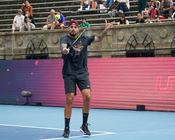 stock image NEW YORK - AUGUST 22, 2024: Professional tennis player Nick Kyrgios  in action during 2024 Ultimate Tennis Showdown New York Day 1 battle of the groups match at Forest Hills Stadium in Queens, New York