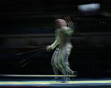 Rio De Janeiro, Brezilya - 12 Ağustos 2016: Erkek takım folyo Rio 2016 Olimpiyat Oyunları, Carioca Arena 3'Fencer mil Chamley-Watson Amerika Birleşik Devletleri yarışıyor