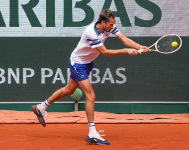 PARIS, FRANCE - JUNE 3, 2024: Grand Slam champion Daniil Medvedev of Russia in action during 2024 Roland Garros men's fourth round match against Alex de Minaur of Australia in Paris, France clipart