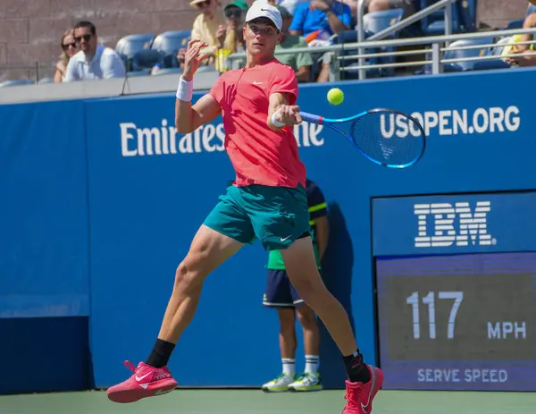 stock image NEW YORK - SEPTEMBER 2, 2023: Professional tennis player Jack Draper of Great Britain in action during 2023 US Open third round match against Michael Mmoh of United States at Grandstand Stadium