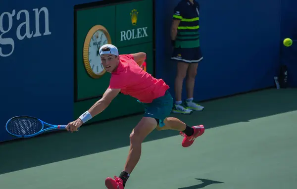 stock image NEW YORK - SEPTEMBER 2, 2023: Professional tennis player Jack Draper of Great Britain in action during 2023 US Open third round match against Michael Mmoh of United States at Grandstand Stadium