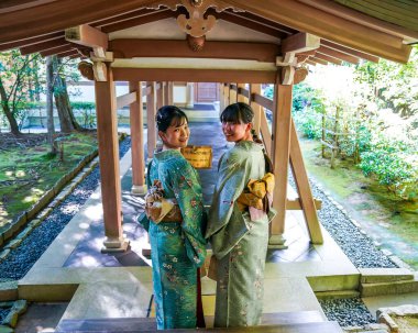 KYOTO, JAPONYA - 6 Ekim 2024: Kyoto, Japonya 'daki Ryoanji Tapınağı' nda geleneksel kimonolu genç Japon kadınlar