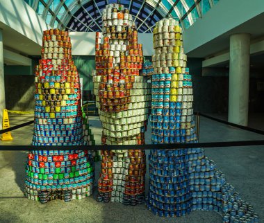 UNIONDALE, NEW YORK - NOVEMBER 1, 2024: Food sculpture presented at Annual Long Island Canstruction competition in Uniondale. Teams build large scale sculptures out of canned food for food drive clipart