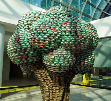 UNIONDALE, NEW YORK - NOVEMBER 1, 2024: Food sculpture presented at Annual Long Island Canstruction competition in Uniondale. Teams build large scale sculptures out of canned food for food drive clipart