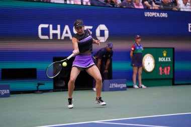 NEW YORK - AUGUST 29, 2019: Grand Slam Champion Simona Halep of Romania in action during her 2019 US Open second round match at Billie Jean King National Tennis Center in New York  clipart