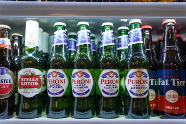 NEW YORK - 22 Mayıs 2022: Buzdolabında çeşitli uluslararası bira şişeleri