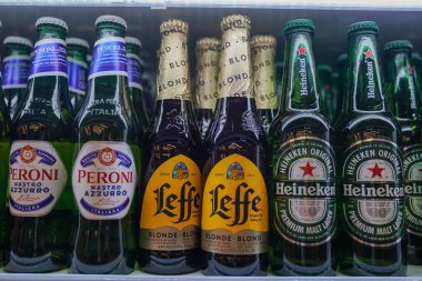 NEW YORK - 22 Mayıs 2022: Buzdolabında çeşitli uluslararası bira şişeleri