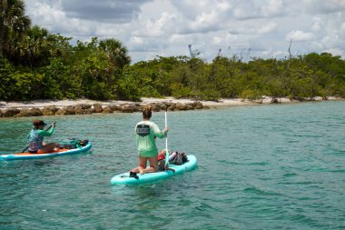 RIVIERA BEACH, FLORIDA - 10 Haziran 2024: Palm Beach County, Florida, ABD 'deki Lake Worth körfezinin ağzındaki Peanut Adası' nın önünde kadınlar kürek çekiyor