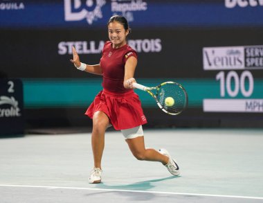 MIAMI GARDENS, FLORIDA - 27 Mart 2025: Filipinler 'den Alexandra Eala ABD' li Jessica Pegula ile Miami 'deki Hard Rock Stadyumu' nda oynadığı yarı final maçında