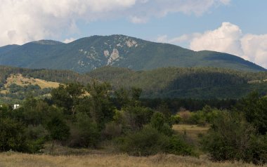 Güney Avrupa'nın panoramik arazisi. Bulgaristan-dağlar, tarlalar, flora peyzaj.