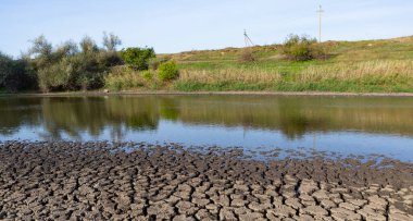 Rezervuarda su azaltımı. Dünya kuraklık yüzünden çatladı. Gezegendeki küresel su sıkıntısı. Küresel ısınma kavramı.