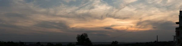 Landscape Enchanting Sunset Panorama Tragic Gloomy Sky Last Flashes Sun — Stock Photo, Image