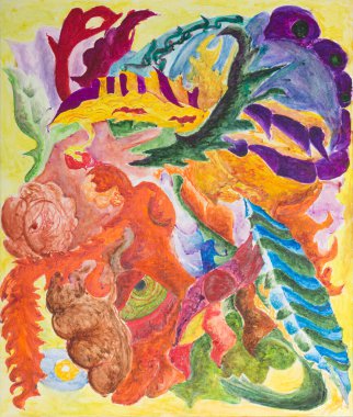 Simetrik soyutlama kompozisyonu. Suluboya çizimi. Fantastik bir görüntünün maskesi. Uzaylı bir yaratığın portresi.