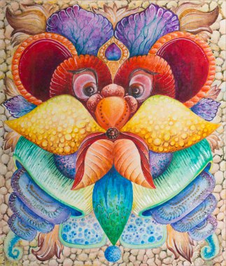 Simetrik soyutlama kompozisyonu. Suluboya çizimi. Fantastik bir görüntünün maskesi. Uzaylı bir yaratığın portresi.