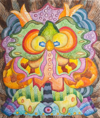 Simetrik soyutlama kompozisyonu. Suluboya çizimi. Fantastik bir görüntünün maskesi. Uzaylı bir yaratığın portresi.