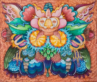 Simetrik soyutlama kompozisyonu. Suluboya çizimi. Fantastik bir görüntünün maskesi. Uzaylı bir yaratığın portresi.