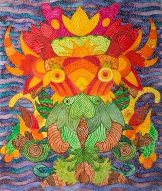 Simetrik soyutlama kompozisyonu. Suluboya çizimi. Fantastik bir görüntünün maskesi. Uzaylı bir yaratığın portresi.