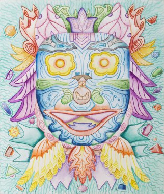 Simetrik soyutlama kompozisyonu. Suluboya çizimi. Fantastik bir görüntünün maskesi. Uzaylı bir yaratığın portresi.