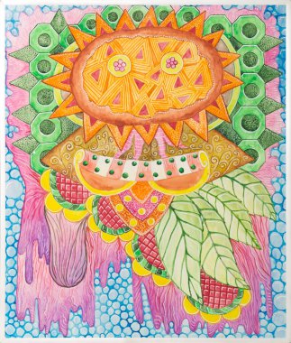 Simetrik soyutlama kompozisyonu. Suluboya çizimi. Fantastik bir görüntünün maskesi. Uzaylı bir yaratığın portresi.