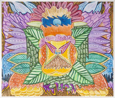 Simetrik soyutlama kompozisyonu. Suluboya çizimi. Fantastik bir görüntünün maskesi. Uzaylı bir yaratığın portresi.