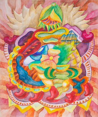 Simetrik soyutlama kompozisyonu. Suluboya çizimi. Fantastik bir görüntünün maskesi. Uzaylı bir yaratığın portresi.