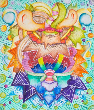 Simetrik soyutlama kompozisyonu. Suluboya çizimi. Fantastik bir görüntünün maskesi. Uzaylı bir yaratığın portresi.