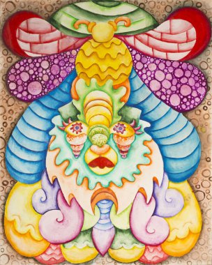 Simetrik soyutlama kompozisyonu. Suluboya çizimi. Fantastik bir görüntünün maskesi. Uzaylı bir yaratığın portresi.